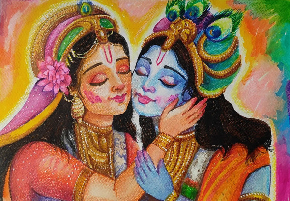 Krishna Play Holi With Radha (ART-7901-106501) - Handpainted Art Painting - 12in X 8in