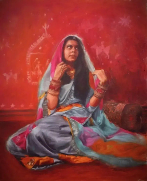 The Royal Bride Of The Rajasthan (ART-16317-106522) - Handpainted Art Painting - 22in X 25in