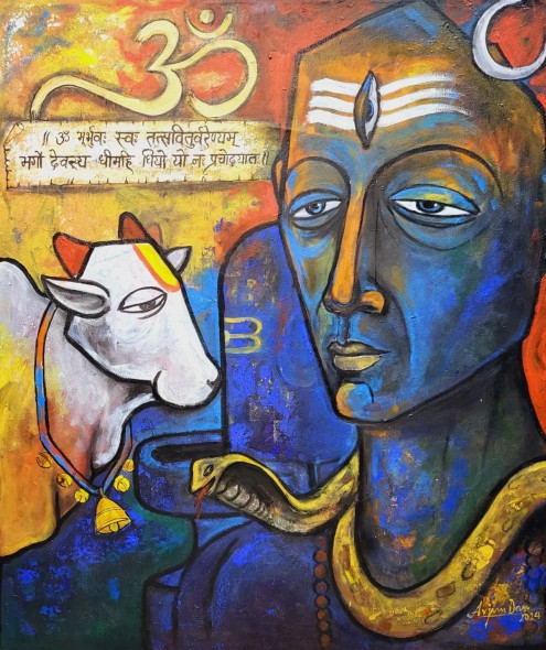 DEVOTION OF SHIVA (ART-82-106579) - Handpainted Art Painting - 36in X 42in