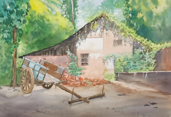 Morning At Farmer's House (ART-7362-106575) - Handpainted Art Painting - 19in X 13in