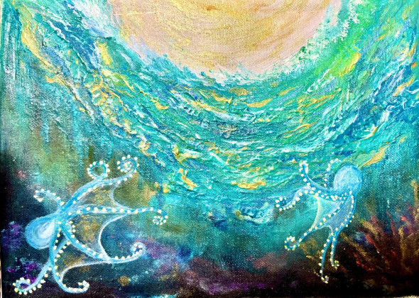 ‘Submerged Symphony: Rare Glass Octopus Unveiled Under Shining Waves’ (ART-8271-106609) - Handpainted Art Painting - 12in X 9in