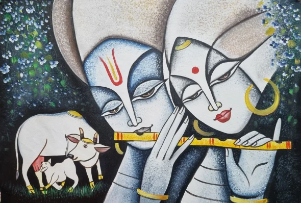 The Divine Radha Krishna Acrylic Painting (ART-3319-106873) - Handpainted Art Painting - 36in X 24in