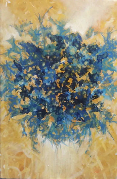 Floral Blue - Yellow Orange Brown Painting (ART-1626-106881) - Handpainted Art Painting - 20in X 30in