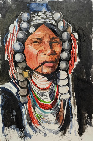 Akha Old Woman (ART-7901-106914) - Handpainted Art Painting - 8in X 10in