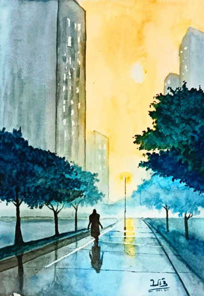 The Wet City (ART-398-107136) - Handpainted Art Painting - 11in X 16in