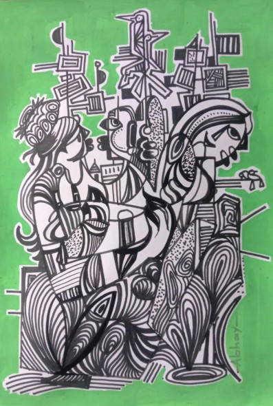 Vartalap (ART-8135-107115) - Handpainted Art Painting - 12in X 16in