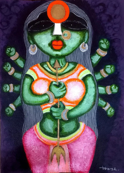 Maa Durga (ART-16119-107194) - Handpainted Art Painting - 11in X 15in