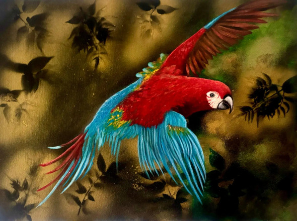 Scarlet Splendour In The Amazonian Canopy (ART-8271-107355) - Handpainted Art Painting - 16in X 12in