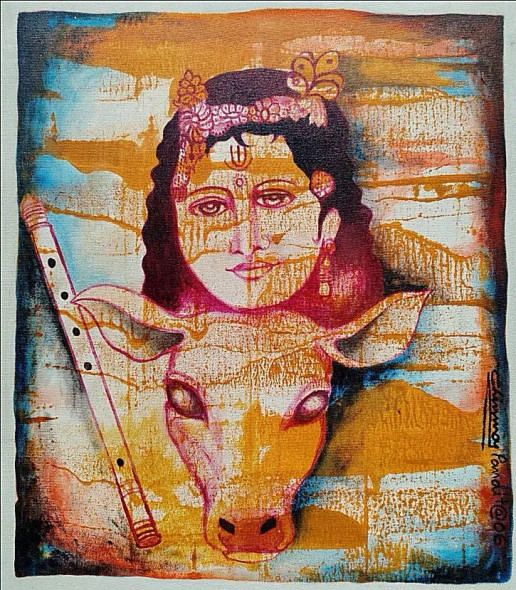 Sri Krishna (ART-8091-107454) - Handpainted Art Painting - 15in X 23in