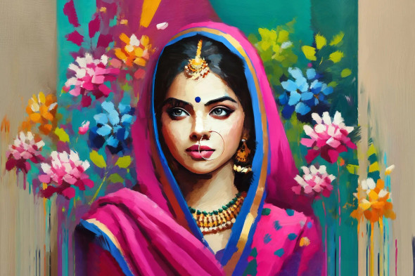 The Girl In Pink And Blue Saree (PRT-15697-107517) - Canvas Art Print - 36in X 24in