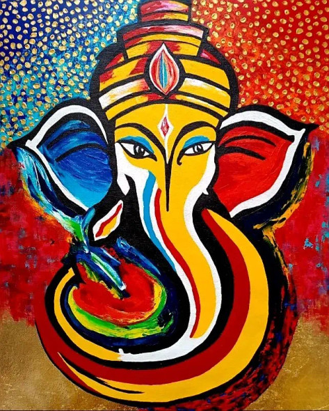 Ganesha In Yellow Red Blue And Gold Leaf Background (ART-8034-107590) - Handpainted Art Painting - 16in X 20in