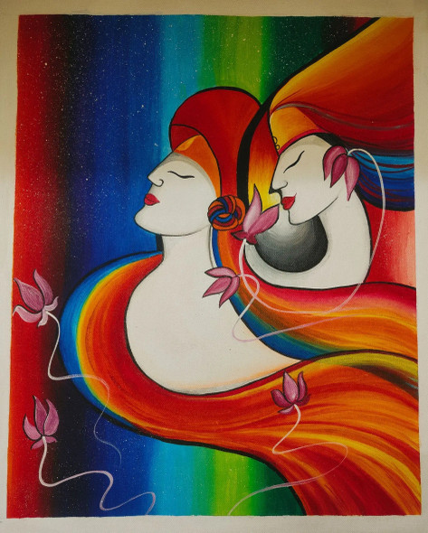 Lovers' Paradise | Abstract Painting | Radha Krishna (ART-16389-107542) - Handpainted Art Painting - 16in X 20in