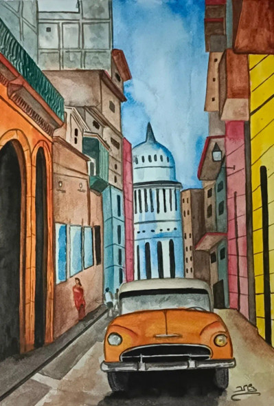 Havana Street-2 (ART-398-107742) - Handpainted Art Painting - 11in X 16in