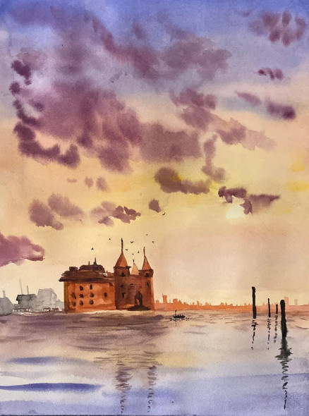 Castle By The Lake (ART-16570-107951) - Handpainted Art Painting - 12in X 16in