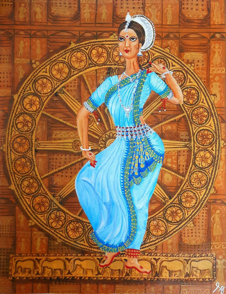 Indian Classical Dance Series: ODISSI (ART-8835-107987) - Handpainted Art Painting - 14in X 18in