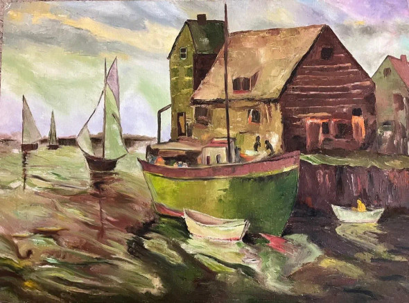 "Whispers Of The Sea: A Coastal Retreat" (ART-15934-108033) - Handpainted Art Painting - 30in X 22in