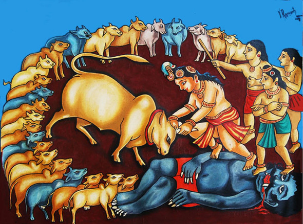 KRISHNA THE CONQUEROR (ART-1223-108038) - Handpainted Art Painting - 24in X 18in