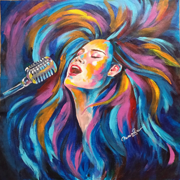 Abstract Girl Singing (ART-3674-108051) - Handpainted Art Painting - 18in X 18in