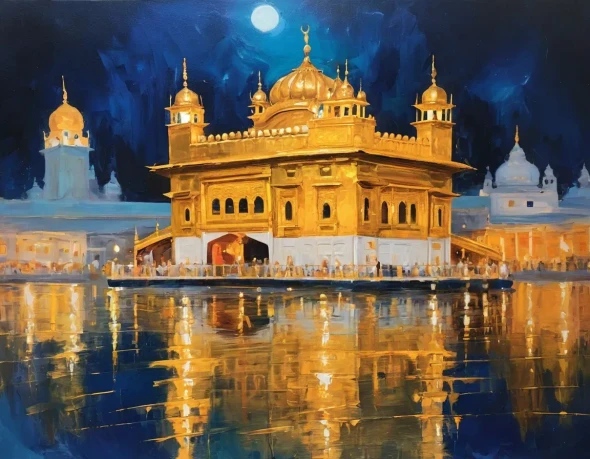 Golden Temple Painting In Night View (ART-3319-108224) - Handpainted Art Painting - 36in X 30in