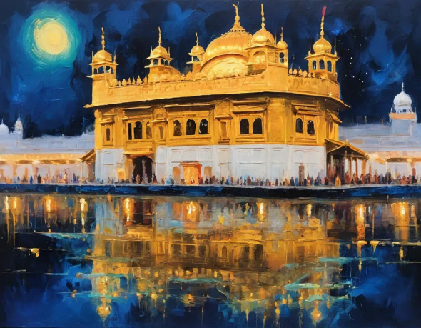 Golden Temple Painting In Night View (ART-3319-108225) - Handpainted Art Painting - 48in X 36in