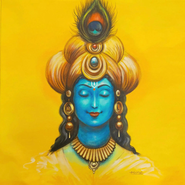 Meditative Krishna (ART-3512-108401) - Handpainted Art Painting - 31in X 31in