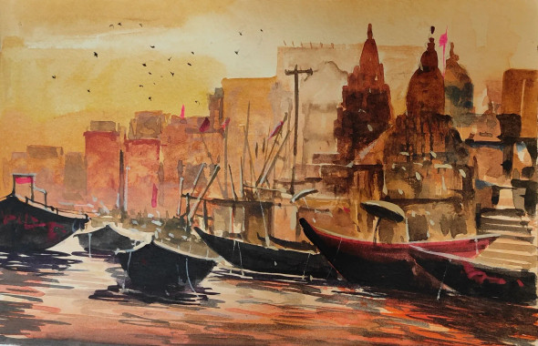 Sunsets In Banaras Ghat (ART-7901-108436) - Handpainted Art Painting - 11in X 8in