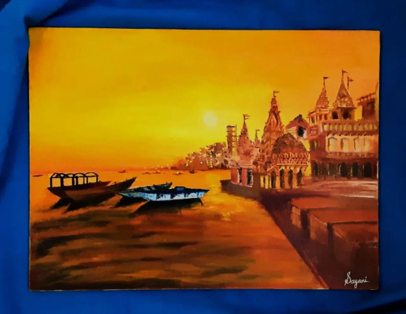 Serenity In Ganges (ART-16670-108412) - Handpainted Art Painting - 16in X 12in