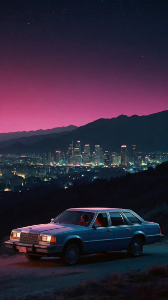 Classic Car On Hilltop Overlooking City Lights 1980s Nightscape (PRT-16659-108483) - Canvas Art Print - 20in X 36in