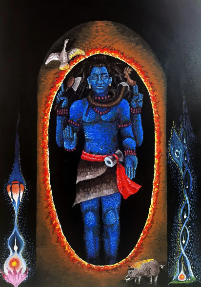 Lingodbhava Murti (ART-16237-108514) - Handpainted Art Painting - 36in X 48in