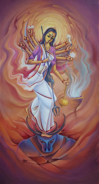 Mahishasur Mardini (ART-7685-108509) - Handpainted Art Painting - 21in X 40in