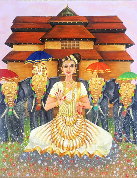Indian Classical Dance Form: Mohiniyattam (ART-8835-108711) - Handpainted Art Painting - 14in X 18in