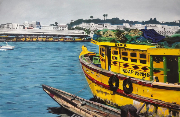 Vizag Harbour (ART-329-108739) - Handpainted Art Painting - 36in X 24in