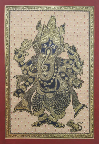 Golden Ganesha (ART-9114-108848) - Handpainted Art Painting - 22in X 33in