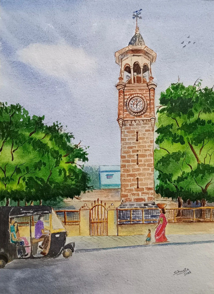 Jam Tower, Rajkot (ART-16750-108929) - Handpainted Art Painting - 10in X 14in