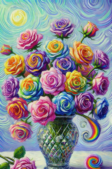 Kaleidoscope Of Color: Van Gogh-Inspired Rainbow Roses In A Sparkling Crystal Vase (PRT-15697-109055) - Canvas Art Print - 40in X 60in