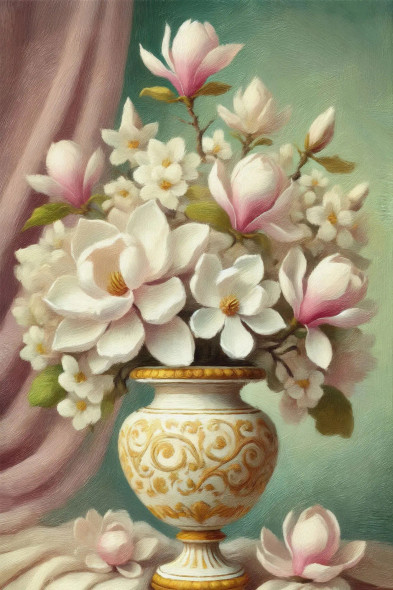 Timeless Beauty: Magnolias In An Elegant Gold-Trimmed Vase (PRT-15697-109042) - Canvas Art Print - 40in X 60in