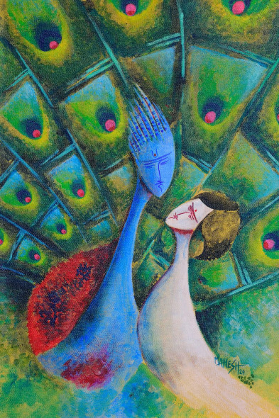 Radha-Krishna & Peacock, (252) Symbolic Figurative Abstract (ART-15639-109007) - Handpainted Art Painting - 10in X 15in