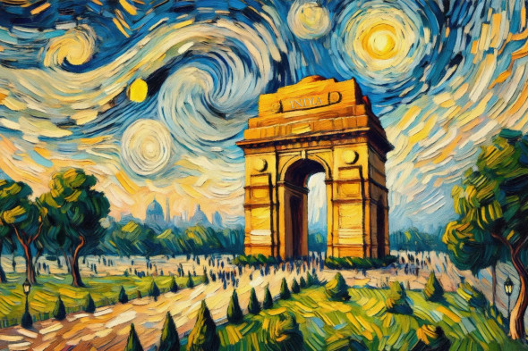 Golden Grandeur: India Gate Shining In Swirling Hues Of Evening Serenity (PRT-15697-109138) - Canvas Art Print - 48in X 32in