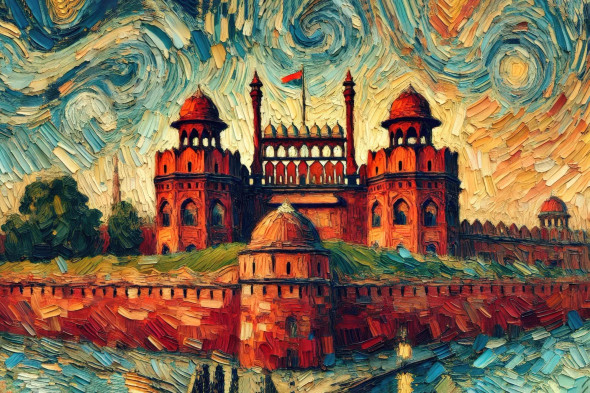 The Majestic Red Fort: A Van Gogh-Inspired Ode To History (PRT-15697-109147) - Canvas Art Print - 48in X 32in