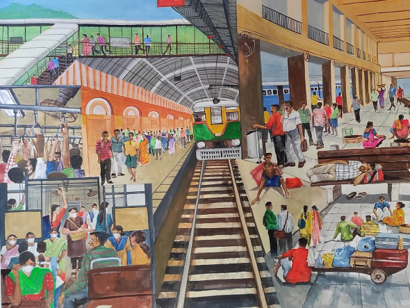 Rail Station (ART-7901-109170) - Handpainted Art Painting - 28in X 22in