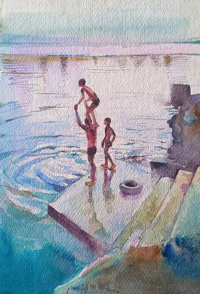 River Wave And Swimmer Play In Water. (ART-16549-107809) - Handpainted Art Painting - 14in X 10in