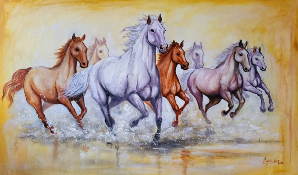 Seven Horses (ART-82-109164) - Handpainted Art Painting - 60in X 36in