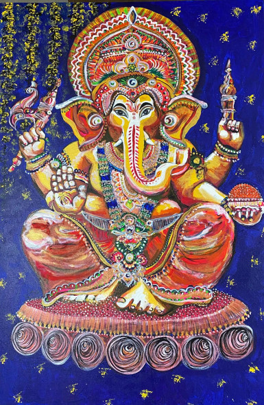 LORD GANESHA - ORIGINAL ACRYLIC PAITNING ON CANVAS (ART-1538-109378) - Handpainted Art Painting - 24in X 36in