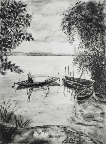 Boats In Holy Ganga (ART-15873-109455) - Handpainted Art Painting - 8in X 11in