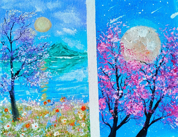 4. "Whispers Of Time: A Day And Night Landscape" (ART-16784-109466) - Handpainted Art Painting - 10in X 8in