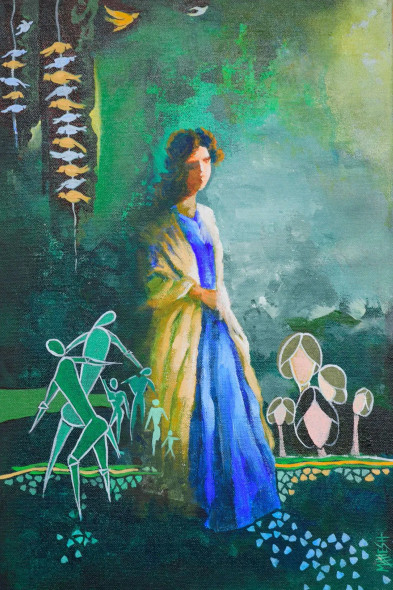 Liberation Feminism Series, (262) Creative Conceptual On Canvas (ART-15639-109591) - Handpainted Art Painting - 12in X 18in