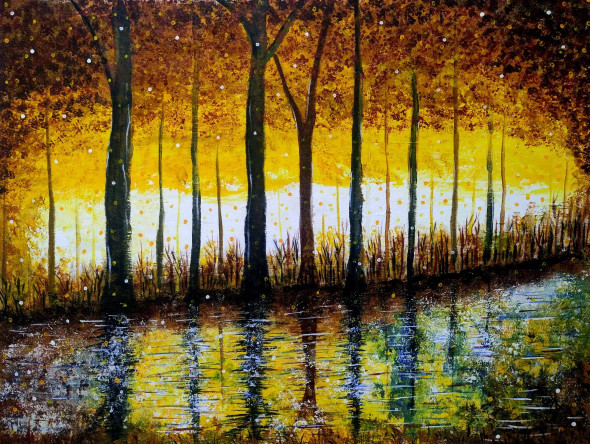 Whispering Woods: A Journey Through Light, Life & Rain (ART-16778-109500) - Handpainted Art Painting - 35in X 26in