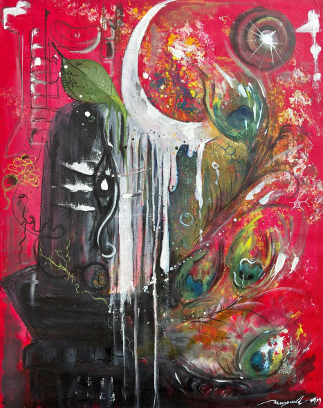 Shiva And Origin (ART-1734-109626) - Handpainted Art Painting - 23in X 29in