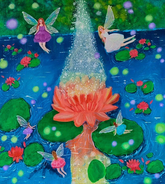 Enchanting Fairy Garden Painting With Pink Water Lily And Magical Fairies (ART-16784-109413) - Handpainted Art Painting - 14in X 16in