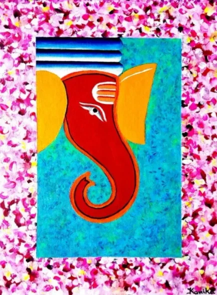 Ganesha Divine Aura In Floral Background (ART-8034-109777) - Handpainted Art Painting - 12in X 16in